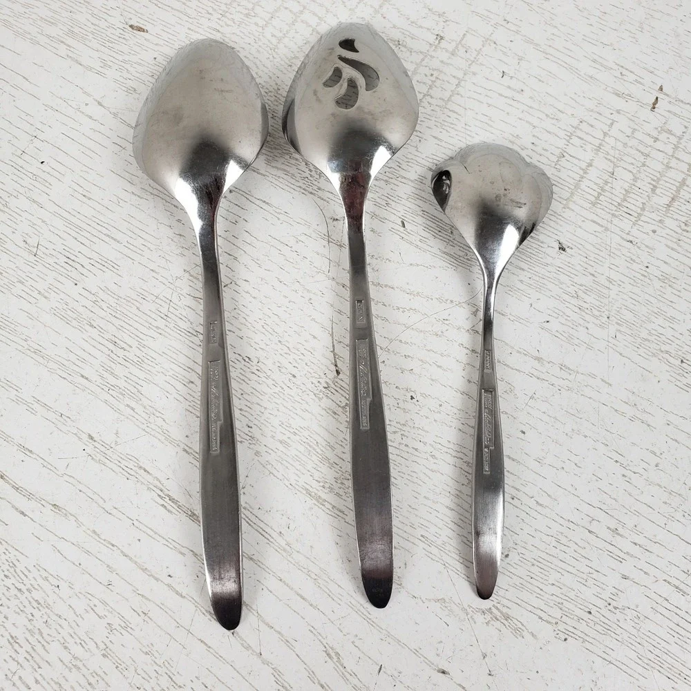 EKCO Eterna Meditation Stainless Serving Set 3pc Slotted Shell Sugar Spoon Japan